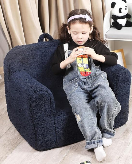 Kids Snuggly-Soft Sherpa Chair, Cuddly Toddler Foam Chair for Boys and Girls, Dark Blue - LeafyLoom