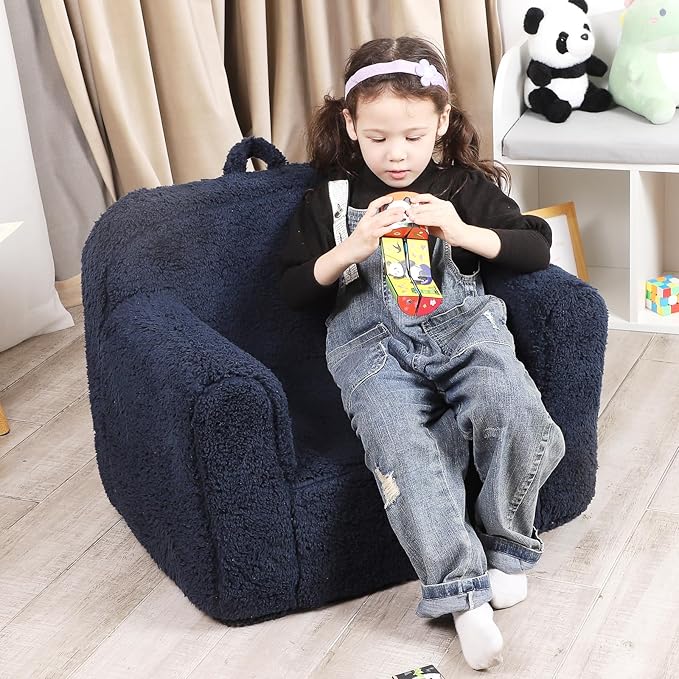 Kids Snuggly-Soft Sherpa Chair, Cuddly Toddler Foam Chair for Boys and Girls, Dark Blue - LeafyLoom