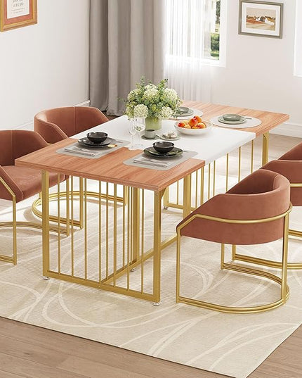 DWVO 70.8" Large Kitchen Dining Table for 6-8 People, Modern Rectangular Wood Dinner Table, Rustic Kitchen Table with Heavy Duty Metal Gold Legs for Dining Room - LeafyLoom