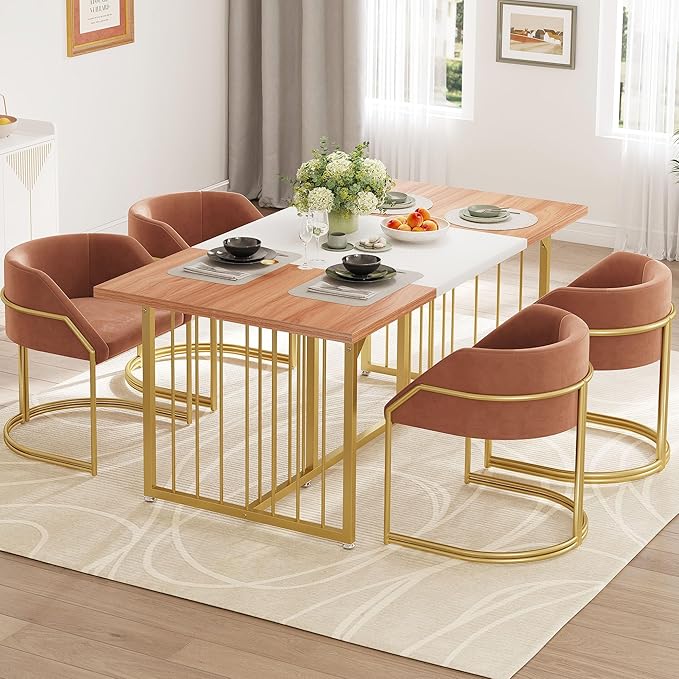 DWVO 70.8" Large Kitchen Dining Table for 6-8 People, Modern Rectangular Wood Dinner Table, Rustic Kitchen Table with Heavy Duty Metal Gold Legs for Dining Room - LeafyLoom