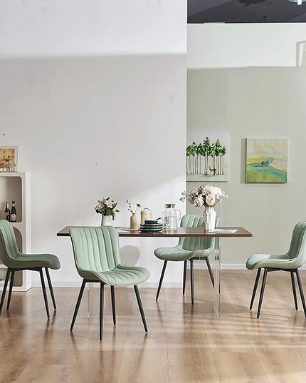 YOUNUOKE Dining Chairs Set of 2 Upholstered Mid Century Modern Kitchen Chair Armless Faux Leather Side Chairs with Padded Back Metal Legs for Living Room Bedrooms Mint Light Sage Green - LeafyLoom