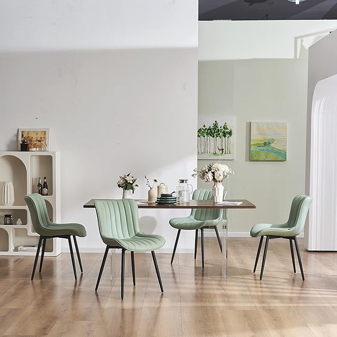 YOUNUOKE Dining Chairs Set of 2 Upholstered Mid Century Modern Kitchen Chair Armless Faux Leather Side Chairs with Padded Back Metal Legs for Living Room Bedrooms Mint Light Sage Green - LeafyLoom