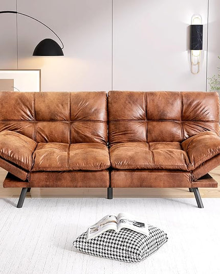 Futon Sofa Bed, Memory Foam Futon Sleeper Sofa Loveseat Convertible Couch Bed for Small Compact Living Spaces,Apartment,Brown Leather - LeafyLoom