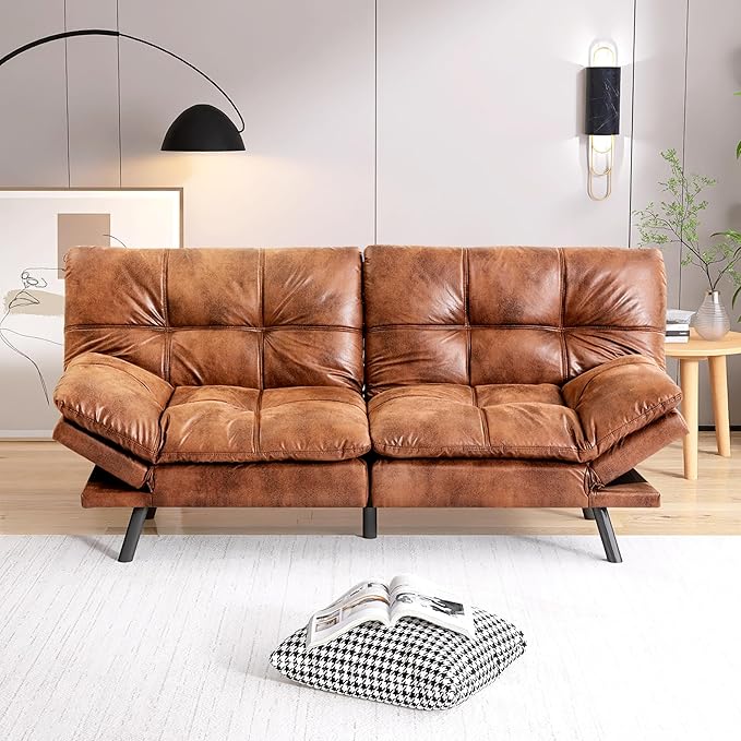 Futon Sofa Bed, Memory Foam Futon Sleeper Sofa Loveseat Convertible Couch Bed for Small Compact Living Spaces,Apartment,Brown Leather - LeafyLoom