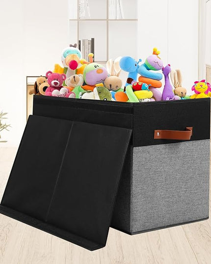 Large Toy Storage Box with Lid, Sturdy Toys Storage Chest Bin Organizer Basket with Dividers for Kids, Boys, Girls, Nursery, Closet, Bedroom, Playroom 25"x13" x16" (Black and Grey) - LeafyLoom