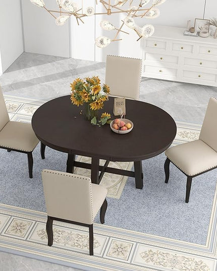 RITSU 5-Piece Farmhouse Round Retractable Table Set with 4 Upholstered Dining Chairs, Copper Ingot Trim, MDF and Rubber Wood for Living Room, Apartment,Espresso, 58inch - LeafyLoom