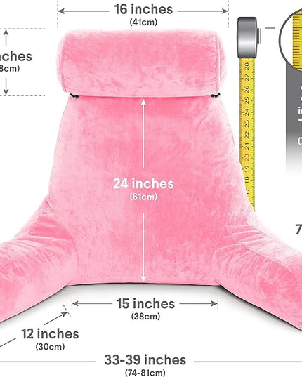 Husband Pillow XXL Pink Backrest with Arms, Adult Reading Pillow with Shredded Memory Foam, Ultra-Comfy Removable Microplush Cover & Detachable Neck Roll, Unmatched Support for Bed Rest Sit Up Pillow - LeafyLoom