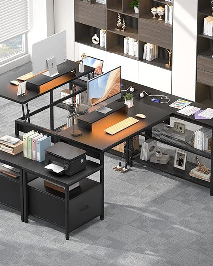 Aheaplus L Shaped Desk with Power Outlet, Standing Home Office Desk with Lift Top and File Drawer, 63'' Corner Computer Desk with Monitor Stand&Printer Shelves, Gaming Desk with Led Lights, Black - LeafyLoom