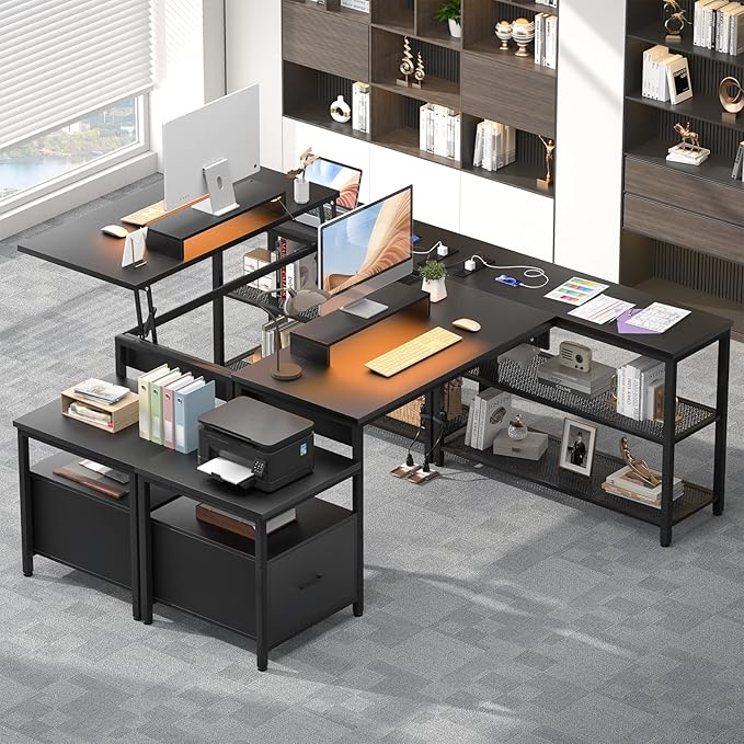 Aheaplus L Shaped Desk with Power Outlet, Standing Home Office Desk with Lift Top and File Drawer, 63'' Corner Computer Desk with Monitor Stand&Printer Shelves, Gaming Desk with Led Lights, Black - LeafyLoom