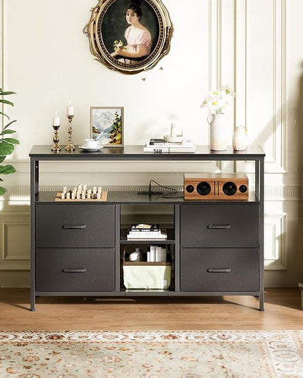TV Stand Dresser with Power Outlets and LED Lights, 4 Drawers Entertainment Center with Open Shelf, Media Console for 50 43 Inch TV, Dresser with PU Finish, Black - LeafyLoom