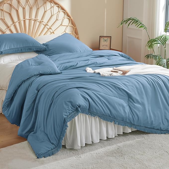 Litanika Grayish Blue Comforter Queen Set, Boho Tassel Comforter Aesthetic 3 Pieces, Lightweight Fringe Microfiber Bedding Set for All Season(1 Comforter 90x90 inch, 2 Pillowcases) - LeafyLoom