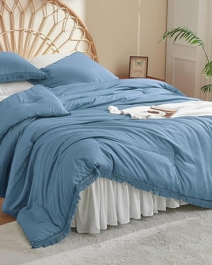 Litanika Grayish Blue King Size Comforter Set, Boho Tassel Comforter Aesthetic 3 Pieces, Lightweight Fringe Microfiber Bedding Set for All Season(1 Comforter 104x90 inch, 2 Pillowcases) - LeafyLoom