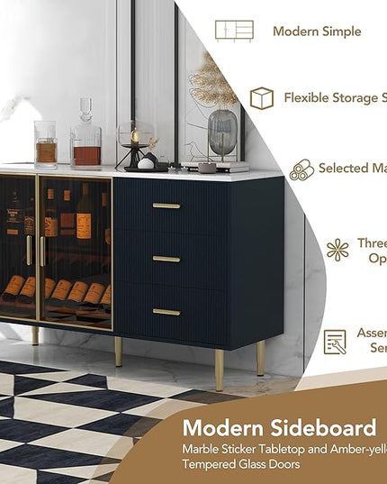 Modern Sideboard MDF with Marble Sticker Tabletop and Amber-Yellow Tempered Glass Doors,Freestanding Buffet Storage Cabinet,W/Gold Metal Legs & Handles,for Dining Room,Kitchen,Navy Blue, 60" - LeafyLoom