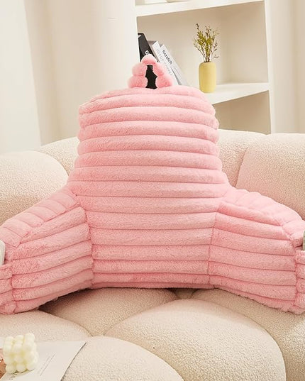 WERDIM Reading Pillow for Sitting in Bed, Faux Fur Back Pillow for Bed Rest, Bed Chair Pillow with Arms and Pockets(Large, Pink) - LeafyLoom