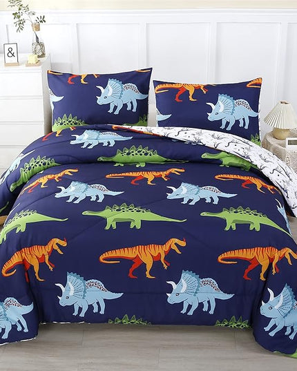 RYNGHIPY Cartoon Dinosaur Comforter Set, Dark Blue Dinosaur Kids Bedding Set for Boys, Dinosaurs Print Comforter Sets for Kids/Toddlers/Teens (Dinosaur,Twin) - LeafyLoom