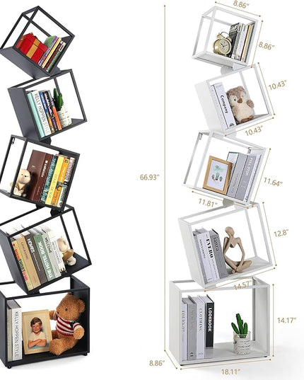 Bookshelf, 5-Tier Bookcase White, 67" Tall White Bookshelf, 5 Tier Bookshelf, Industrial Bookshelf, Modern Book Storage, Storage Shelves for CDs/Books/Home Decor, Display Shelf - LeafyLoom