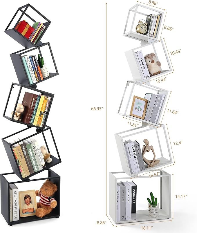 Bookshelf, 5-Tier Bookcase White, 67" Tall White Bookshelf, 5 Tier Bookshelf, Industrial Bookshelf, Modern Book Storage, Storage Shelves for CDs/Books/Home Decor, Display Shelf - LeafyLoom