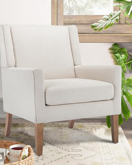 COLAMY Modern Wingback Living Room Chair, Upholstered Fabric Accent Armchair, Single Sofa chair with Lounge Seat and Wood Legs for Bedroom/Office/Reading Spaces, Beige - LeafyLoom