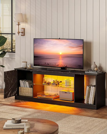 Bestier LED TV Stand for 55/60/65 Inch TV, Gaming Entertainment Center with Cabinet for PS5, Modern TV Cabinet with Adjustable Glass Shelves for Living Room, Bedroom 58 Inch,Black Marble - LeafyLoom