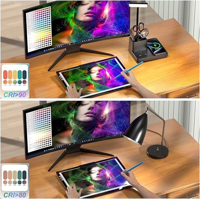 comzler LED Desk Lamp with Wireless Charger,Small Desk Lamps with Pen Phone Holder, Black Desk Lamp for for Home Office,8W 3 Modes Dimmable Touch Lamp, Desktop Study Lamps for College Dorm Room - LeafyLoom