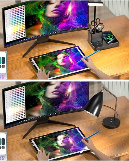 comzler LED Desk Lamp with Wireless Charger, Desk Lamps with Pen Phone Holder, Black Desk Lamp for Home Office,8W 3 Modes Dimmable Touch Lamp, Desktop Study Lamps for College Dorm Room - LeafyLoom