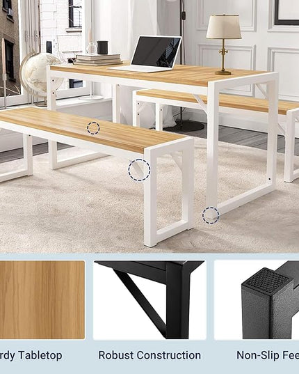 Allewie 3-Piece Kitchen Dining Table Sets with Benches, Sturdy Triangle Structure, Space-Saving, Multifunctional for Dining Room/Living Room/Studio, Maple Brown & White - LeafyLoom