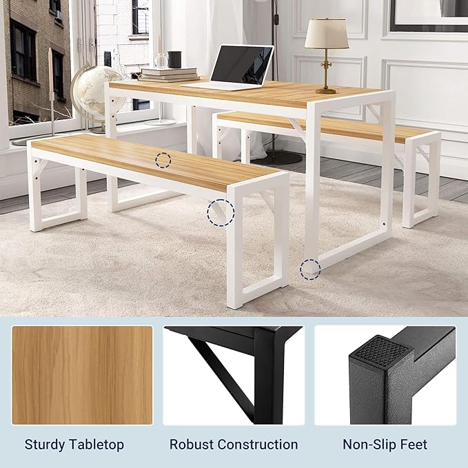 Allewie 3-Piece Kitchen Dining Table Sets with Benches, Sturdy Triangle Structure, Space-Saving, Multifunctional for Dining Room/Living Room/Studio, Maple Brown & White - LeafyLoom
