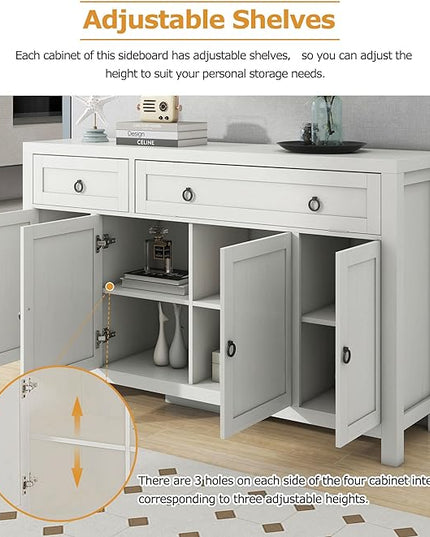 59.1" Retro Style Large Storage Space Sideboard with Flip Door and 1 Drawer,Multifunctional Buffet, w/ 4 Height-Adjustable Cabinets,for Dining, Living Room,Antique White - LeafyLoom