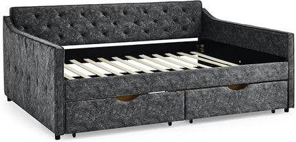 Queen Size Upholstered Tufted Daybed with Two Pull Out Drawers Bed, Button Polyester on Back, Waved Shape Arms for Bedroom, Living Room,No Need Boxing Spring - LeafyLoom