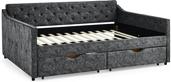 Queen Size Upholstered Tufted Daybed with Two Pull Out Drawers Bed, Button Polyester on Back, Waved Shape Arms for Bedroom, Living Room,No Need Boxing Spring - LeafyLoom