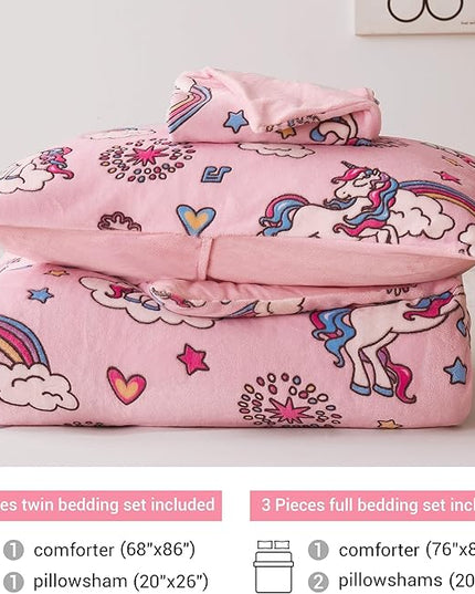Mooreeke Glow in The Dark Full Plush Fleece Comforter Bed Set, Soft & Warm 3 Piece Bed in A Bag with Sham, Velour Velvet Pink Unicorn Girls Kids Bedding Set, Fluffy Fuzzy Polar Cozy and Stylish - LeafyLoom