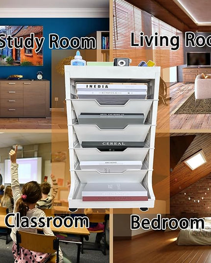 6 Tier Book Rack Storage Bookshelf, Removable Movable Bookshelf with Wheels, Mobile Unique Bookcase, Rolling Book Cart for Study in School Office, White - LeafyLoom