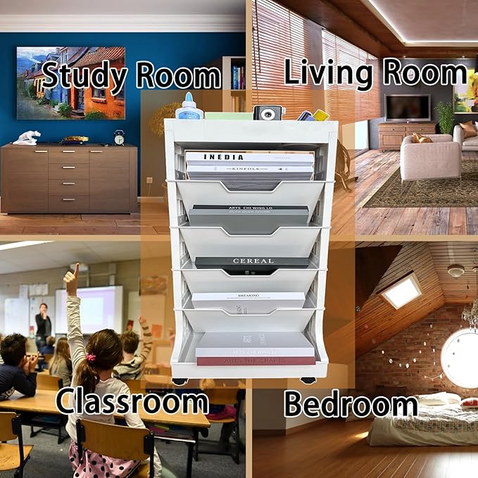 6 Tier Book Rack Storage Bookshelf, Removable Movable Bookshelf with Wheels, Mobile Unique Bookcase, Rolling Book Cart for Study in School Office, White - LeafyLoom