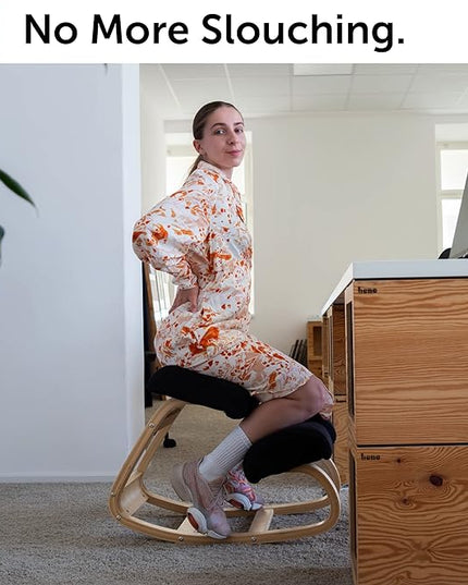 Ergonomic Kneeling Office Chair - Rocking Home & Work Wooden Computer Desk Chairs, Back & Neck Spine Pain, Better Posture, Ergo Knee Support Stool, Cross Legged Sitting (Black) - LeafyLoom