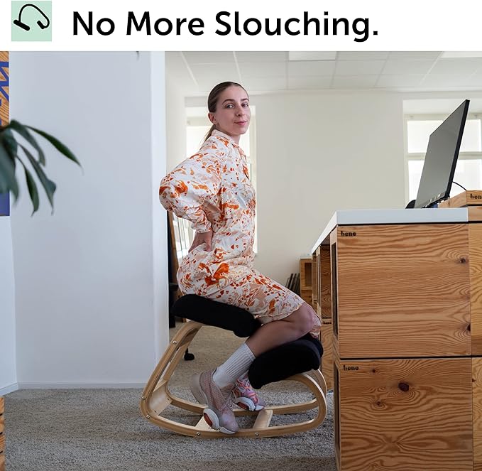 Ergonomic Kneeling Office Chair - Rocking Home & Work Wooden Computer Desk Chairs, Back & Neck Spine Pain, Better Posture, Ergo Knee Support Stool, Cross Legged Sitting (Green) - LeafyLoom
