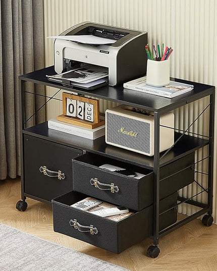 VECELO Fabric Lateral Filing Cabinet Rolling Printer Fits Letter Size, 3 Drawers Mobile Stand with Open Storage Shelf,for Home Office,Vintage Black - LeafyLoom