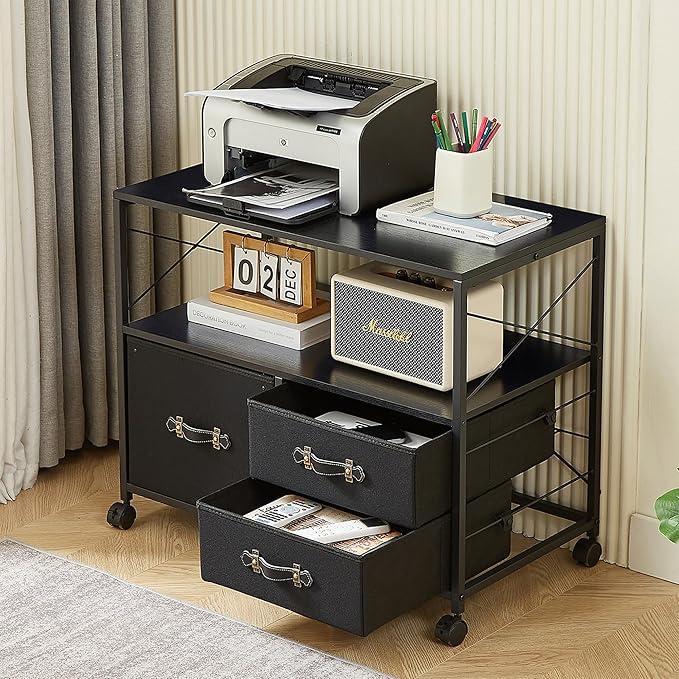 VECELO Fabric Lateral Filing Cabinet Rolling Printer Fits Letter Size, 3 Drawers Mobile Stand with Open Storage Shelf,for Home Office,Vintage Black - LeafyLoom