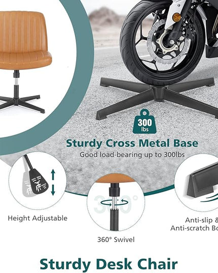 OLIXIS Cross Legged Armless Wide Adjustable Swivel Padded Home Office Desk Chair, Brown - LeafyLoom