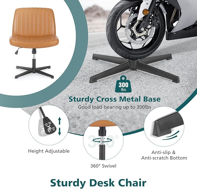 OLIXIS Cross Legged Armless Wide Adjustable Swivel Padded Home Office Desk Chair, Brown - LeafyLoom