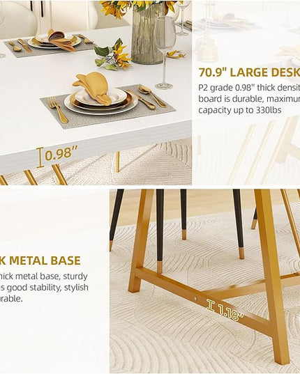 YITAHOME 70.9 Inch Large White Dining Table for 6-8 People, Modern Farmhouse Kitchen Dinner Table with Gold Geometric Metal Legs, Rectangular Wood Dining Room Dinette Table for Kitchen, Living Room - LeafyLoom