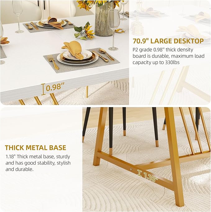 YITAHOME 70.9 Inch Large White Dining Table for 6-8 People, Modern Farmhouse Kitchen Dinner Table with Gold Geometric Metal Legs, Rectangular Wood Dining Room Dinette Table for Kitchen, Living Room - LeafyLoom