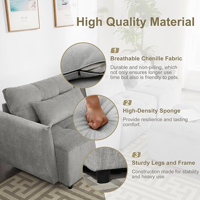 113.3" L-Shaped Sectional 3-Seat Sofa, Convertiblet Chenille Upholstered Couch with Movable Ottoman and two USB Ports for Apartment, Living Room, Bedroom, 113.3 Inch, Gray - LeafyLoom