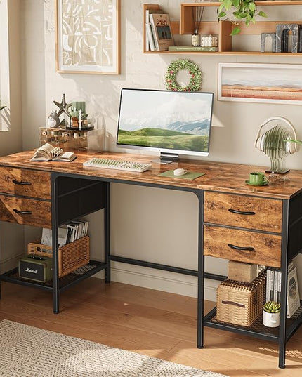 63 Inch Computer Desk with 4 Drawers, Office Desk with Mesh Shelf, Gaming Desk, Large Storage, Writing Desk Work Desk for Home Office, Study, Bedroom, Work from Home, Rustic Brown - LeafyLoom