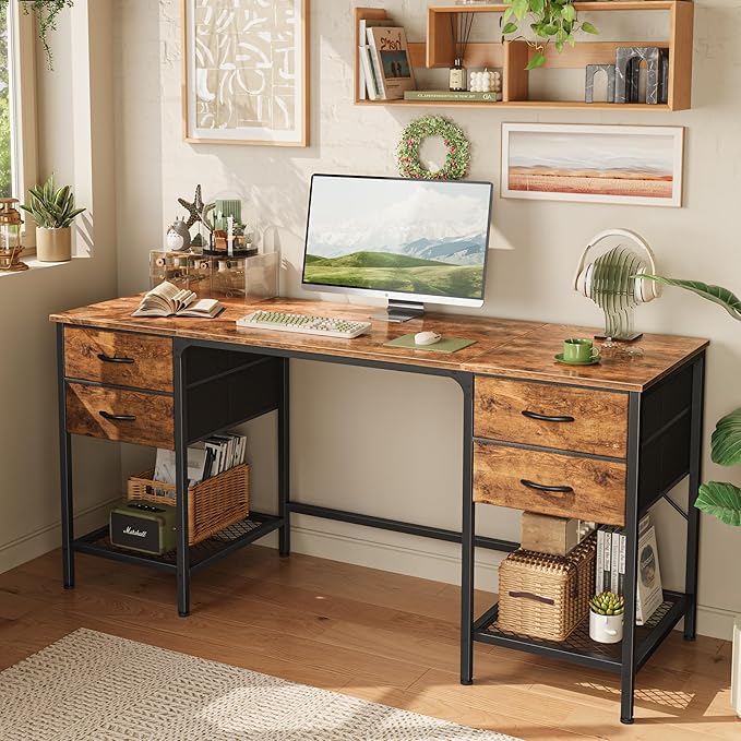 63 Inch Computer Desk with 4 Drawers, Office Desk with Mesh Shelf, Gaming Desk, Large Storage, Writing Desk Work Desk for Home Office, Study, Bedroom, Work from Home, Rustic Brown - LeafyLoom