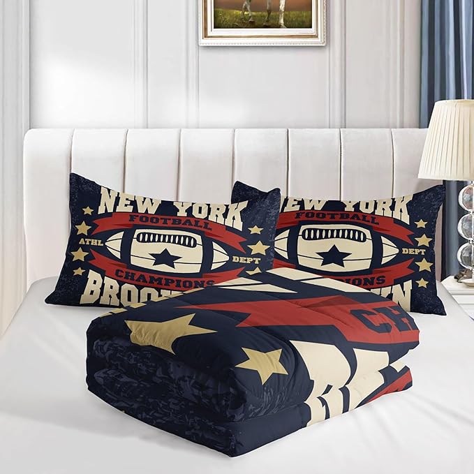 Datura home Football Comforter Sets for Boys Kids,Red Blue Theme Beige Football Championship,Duvet 3Pcs in Quilt Sets with 1 Comforter and 2 Pillowcases All Season(Red Full) - LeafyLoom