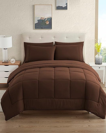 Dorm Room Essentials College Bedding Comforter Set 5 Piece Twin Size Bed in a Bag for College Students Boys and Girls, Twin, Chocolate Brown - LeafyLoom