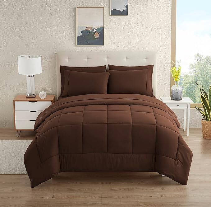 Dorm Room Essentials College Bedding Comforter Set 5 Piece Twin Size Bed in a Bag for College Students Boys and Girls, Twin, Chocolate Brown - LeafyLoom