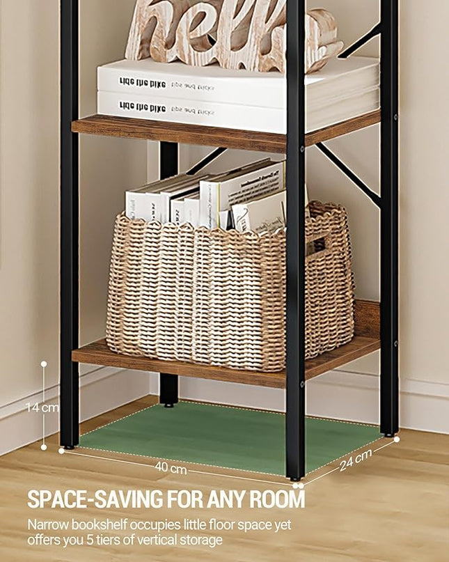 Bookshelf, Book Shelf, Industrial Bookcase with 2 Hooks, Coner Shelf Storage Organizer for Home Office, Living Room, Bedroom, Kitchen, 5-Tier Rustic Brown BC10501B - LeafyLoom
