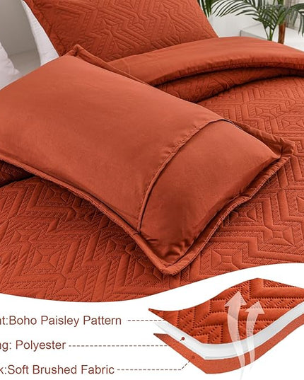 WONGS BEDDING Burnt Orange Comforter Set Queen Size(90“×90”), Terracotta Boho Geometric Textured Bedding Comforter Sets - 3 Pieces Soft Microfiber Ultrasonic Bedding with 2 Pillowcases - LeafyLoom