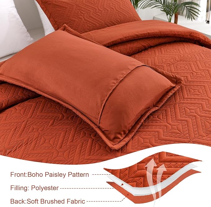 WONGS BEDDING Burnt Orange Comforter Set King Size(104“×90”),Reversible terracotta Boho Geometric Textured Bedding Comforter Sets - 3 Pieces Soft Microfiber Ultrasonic Bedding with 2 Pillow Cases - LeafyLoom